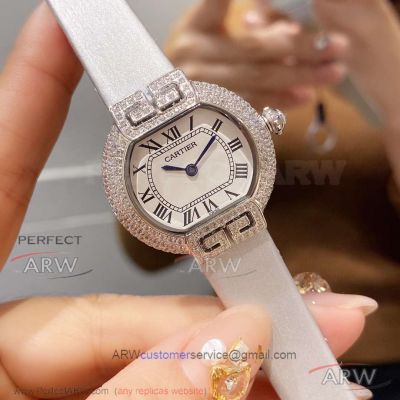 AAA Replica Cartier Tortue Women's Quartz Watch - Stainless Steel Diamond Case Grey Fabric Strap